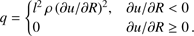 Mathematical equation: $$ q=\{\begin{array}{lc}l^2\rho{(\partial u/\partial R)}^2,&\partial u/\partial R<0\\0&\partial u/\partial R\geq0.\end{array} $$