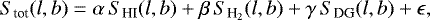 \begin{equation*} S_{\textrm{tot}} (l, b) = \alpha \,S_{\textrm{HI}} (l, b)+\beta \,S_{\textrm{H}_2}(l, b)+ \gamma \,S_{\textrm{DG}}(l, b)+\epsilon,\end{equation*}