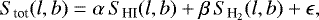 \begin{equation*} S_{\textrm{tot}} (l, b) = \alpha \,S_{\textrm{HI}} (l, b)+\beta \,S_{\textrm{H}_2}(l, b)+\epsilon,\end{equation*}