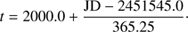 Mathematical equation: $$ t=2000.0+\frac{JD-2451545.0}{365.25}. $$