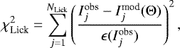 \begin{equation*} \chi^2_{\textrm{Lick}} = \sum_{j=1}^{N_{\textrm{Lick}}}\left( \frac{ I^{\textrm{obs}}_j - I^{\textrm{mod}}_j({\mathrm{\Theta}}) }{ \epsilon(I^{\textrm{obs}}_j) } \right)^2, \end{equation*}