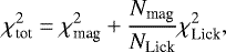 \begin{equation*}\chi^2_{\textrm{tot}} = \chi^2_{\textrm{mag}} + \frac{N_{\textrm{mag}}}{N_{\textrm{Lick}}} \chi^2_{\textrm{Lick}},\end{equation*}