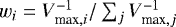 $w_i = V_{\textrm{max},i}^{-1} / \sum_j V_{\textrm{max},j}^{-1}$
