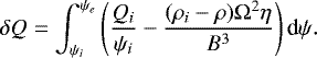 \begin{equation*} \delta Q = \int_{\psi_i}^{\psi_e}\left(\frac{Q_i}{\psi_i} - \frac{(\rho_i - \rho)\mathrm{\Omega}^2\eta}{B^3}\right) \textrm{d}\psi.\end{equation*}