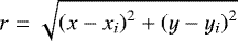 Mathematical equation: $r = \sqrt{\left(x-x_{i}\right)^2 + \left(y-y_{i}\right)^{2}}$