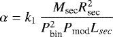\begin{equation*} \alpha=k_1\,\frac{M_{\textrm{sec}} R_{\textrm{sec}}^2}{P_{\textrm{bin}}^2P_{\textrm{mod}}L_{sec}}\end{equation*}