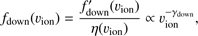 $$ f_\mathrm{down}{(\upsilon_\mathrm{ion})}=\frac{f_\mathrm{down}^'{(\upsilon_\mathrm{ion})}}{\eta{(\upsilon_\mathrm{ion})}}\propto\upsilon_\mathrm{ion}^{-\gamma_\mathrm{down}}, $$