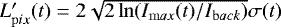Mathematical equation: $L'_{\mathrm pix}(t) = 2\sqrt{2\ln(I_{\mathrm max}(t)/I_{\mathrm back})}\sigma(t)$