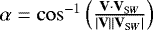 Mathematical equation: $\alpha = \cos^{-1} \left(\frac{\textbf{V} \cdot {\textbf{V}}_{\mathrm SW}}{|\textbf{V}| |\textbf{V}_{\mathrm SW}|}\right)$