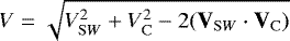 Mathematical equation: $V = \sqrt{V_{\mathrm SW}^2 + V_{\mathrm C}^2 - 2 (\textbf{V}_{\mathrm SW} \cdot {\textbf{V}}_{\mathrm C})}$