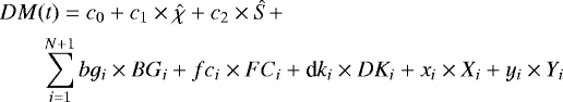 \begin{align*} & {DM(t) = c_0 + c_1 \times \hat{\chi} + c_2\times \hat{S} +} \,\nonumber\\ &\quad\quad {\sum_{i = 1}^{N+1} bg_i\times BG_i + fc_i \times FC_i + \textrm{d}k_i \times DK_i + x_i \times X_i + y_i \times Y_i}\, \vspace*{-6pt}\end{align*}