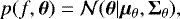 \begin{equation*}p(f, \bm{\theta})=\mathcal{N}(\bm{\theta}|\bm{\mu}_{\theta}, \bm{{\mathrm \Sigma}}_{\theta}), \end{equation*}