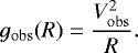 Mathematical equation: \begin{equation*} \centering g_{\mathrm{obs}}(R) = \frac{V^2_{\mathrm{obs}}}{R}. \end{equation*}