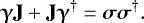 \begin{equation*} \boldsymbol{\upgamma}\mathbf{J} +\mathbf{J}\boldsymbol{\upgamma}^{\dagger} = \bm{\sigma}\bm{\sigma}^{\dagger}.\vspace*{-3pt} \end{equation*}
