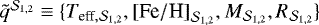 Mathematical equation: $\tilde{q}^{{\cal S}_{1,2}} \equiv \{T_{\textrm{eff}, {\cal S}_{1,2}}, {[\textrm{Fe}/\textrm{H}]}_{{\cal S}_{1,2}}, M_{{\cal S}_{1,2}}, R_{{\cal S}_{1,2}}\}$