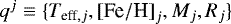 Mathematical equation: $q^{j} \equiv \{T_{\textrm{eff}, j}, {[\textrm{Fe}/\textrm{H}]}_{j}, M_{j}, R_{j}\}$