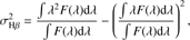 Mathematical equation: $$ \sigma_{\mathrm H\beta}^2=\frac{\int\lambda^2F{(\lambda)}\mathrm d\lambda}{\int F{(\lambda)}\mathrm d\lambda}-{\left(\frac{\int\lambda F{(\lambda)}\mathrm d\lambda}{\int F{(\lambda)}\mathrm d\lambda}\right)}^2, $$