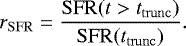 \begin{equation*} r_{\rm{SFR}} = \frac{\mathrm{SFR}(t>t_{\mathrm{trunc}})}{\mathrm{SFR}(t_{\mathrm{trunc}})}. \end{equation*}