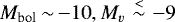 Mathematical equation: $M_{\textrm{bol}}\,{\sim}\,{-}{10}, M_v\,{{\,\stackrel{{<}}{\sim}\,}}\,{-}9$