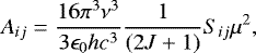 Mathematical equation: \begin{equation*}A_{ij} = \frac{16\pi^3 \nu^3}{3\epsilon_0 hc^3} \frac{1}{(2J + 1)}S_{ij}\mu^2, \end{equation*}