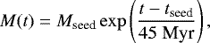 Mathematical equation: \begin{equation*}M(t) = M_{\textrm{seed}}\exp\left(\frac{t-t_{\textrm{seed}}}{45\;\textrm{Myr}}\right), \end{equation*}