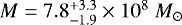 Mathematical equation: $M=7.8^{+3.3}_{-1.9} \times 10^8\;M_{\odot}$