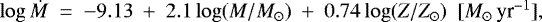 Mathematical equation: \begin{equation*}\log {{\dot{M}}}~=~-9.13~+~2.1 \log(M/{{M_{\odot}}})~+~0.74 \log(Z/{{Z_{\odot}}})~~[\mbox{$M_{\odot}\,\textrm{yr}^{-1}$}], \end{equation*}