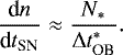 Mathematical equation: \begin{equation*} \frac{\textrm{d}n}{\textrm{d}t_{\textrm{SN}}} \approx \frac{N_{*}}{{\mathrm{\Delta}} t^{*}_{\textrm{OB}}}. \end{equation*}