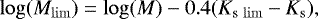 Mathematical equation: \begin{equation*}\log(M_{\mathrm{lim}}) = \log(M) - 0.4(K_{\mathrm{s~lim}} - K_{\mathrm{s}}), \end{equation*}