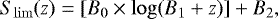Mathematical equation: \begin{equation*} S_{\rm{lim}}(z) = [B_{0} \times \log(B_{1}+z)] + B_{2}, \end{equation*}