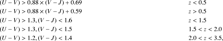 Mathematical equation: \begin{align*}& (U - V) > 0.88 \times (V - J) + 0.69 && z < 0.5 \nonumber \\ & (U - V) > 0.88 \times (V - J) + 0.59 && z > 0.5 \nonumber \\ & (U - V) > 1.3, (V - J) < 1.6 && z < 1.5 \nonumber \\ & (U - V) > 1.3, (V - J) < 1.5 && 1.5 < z < 2.0 \nonumber \\ & (U - V) > 1.2, (V - J) < 1.4 && 2.0 < z < 3.5, \nonumber \\ \end{align*}