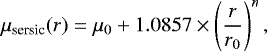 \begin{align*}\mu_{\textrm{sersic}}(r)= \mu_0+1.0857\times\left(\frac{r}{r_0}\right)^{n},\vspace*{-9pt}\end{align*}