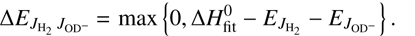 Mathematical equation: $$ \textstyle\mathrm\Delta E_{J_{{\mathrm H}_2}\;J_{\mathrm{OD}^-}}=\max{\left\{0,\mathrm\Delta H_\mathrm{fit}^0-E_{J_{{\mathrm H}_2}\;}-E_{\;J_{\mathrm{OD}^-}}\right\}}. $$