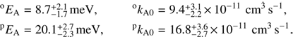 Mathematical equation: $$ \begin{align*} {}^\text{o}E_{\mathrm{A}} &= 8.7 \substack{+ 2.1 \\- 1.7}\,\mathrm{meV}, & {}^\text{o}k_{\mathrm{A}0} &= 9.4 \substack{+ 3.1 \\- 2.2}\,{\times}\,10^{-11} \,\mathrm{cm}^3 \mathrm{s}^{-1},\\ {}^\text{p}E_{\mathrm{A}} &= 20.1 \substack{+ 2.7 \\- 2.3}\,\mathrm{meV}, & {}^\text{p}k_{\mathrm{A}0} &= 16.8 \substack{+ 3.6 \\- 2.7}\,{\times}\,10^{-11} \,\mathrm{cm}^3 \mathrm{s}^{-1}. \end{align*} $$
