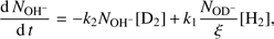 Mathematical equation: $$ \frac{\mathrm dN_{\mathrm{OH}^-}}{\mathrm dt}=-k_2N_{\mathrm{OH}^-}{\lbrack{\mathrm D}_2\rbrack}+k_1\frac{N_{\mathrm{OD}^-}}\xi{\lbrack{\mathrm H}_2\rbrack}, $$