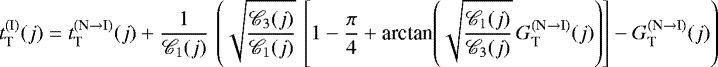 \begin{equation*} t_{\textnormal{T}}^{(\textnormal{I})}(j) = t_{\textnormal{T}}^{(\textnormal{N} \rightarrow \textnormal{I})}(j) &#x002B; \frac{1}{\mathscr{C}_1(j)} \, \left(\sqrt{\frac{\mathscr{C}_3(j)}{\mathscr{C}_1(j)}} \, \left[1 - \frac{\pi}{4} &#x002B; \textrm{arctan}{\left(\sqrt{\frac{\mathscr{C}_1(j)}{\mathscr{C}_3(j)}} \, G_{\textnormal{T}}^{(\textnormal{N} \rightarrow \textnormal{I})}(j)\right)}\right] - G_{\textnormal{T}}^{(\textnormal{N} \rightarrow \textnormal{I})}(j)\right) \end{equation*}