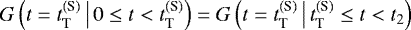 $G\left(t = t_{\textnormal{T}}^{(\textnormal{S})} \, \big| \, 0 \leq t < t_{\textnormal{T}}^{(\textnormal{S})}\right) = G\left(t = t_{\textnormal{T}}^{(\textnormal{S})} \, \big| \, t_{\textnormal{T}}^{(\textnormal{S})} \leq t < t_2\right)$