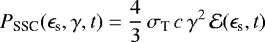 \begin{equation*} P_{\textnormal{SSC}}(\epsilon_{\textnormal{s}}, \gamma, t) = \frac{4}{3} \, \sigma_{\textnormal{T}} \, c \, \gamma^2 \, \mathcal{E}(\epsilon_{\textnormal{s}}, t) \end{equation*}