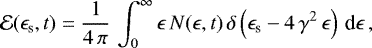 \begin{equation*} \mathcal{E}(\epsilon_{\textnormal{s}}, t) = \frac{1}{4 \, \pi} \, \int_0^{\infty} \epsilon \, N(\epsilon, t) \, \delta\left(\epsilon_{\textnormal{s}} - 4 \, \gamma^2 \, \epsilon\right) \, \textnormal{d}\epsilon\,, \end{equation*}