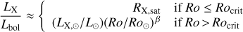 Mathematical equation: $$ \frac{{{L}_{\text{X}}}}{{{L}_{\text{bol}}}}\approx \left\{ \begin{array}{*{35}{r}} \begin{array}{*{35}{r}} {{R}_{\text{X}}}_{,sat}\,\text{if}\,Ro\le R{{o}_{crit}} \\ ({{L}_{\text{X},\odot }}/{{L}_{\odot }}){{(Ro/R{{o}_{\odot }})}^{\beta }}\text{if}\,Ro\le R{{o}_{crit}} \\ \end{array} \\ \end{array}\, \right. $$
