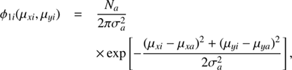 Mathematical equation: $$ \varphi_{1i}{(\mu_{xi},\mu_{yi})}=\frac{N_a}{2\pi\sigma_a^2}\times\exp\lbrack-\frac{{(\mu_{xi},\mu_{xa})}^2+{(\mu_{yi},\mu_{ya})}^2}{2\sigma_a^2}\rbrack, $$