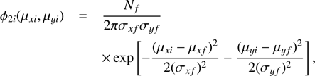 Mathematical equation: $$ \varphi_{2i}{(\mu_{xi},\mu_{yi})}=\frac{N_f}{2\pi\sigma_{xf}\sigma_{yf}}\times\exp\lbrack-\frac{{(\mu_{xi},\mu_{xf})}^2}{2{(\sigma_{xf})}^2}-\frac{{(\mu_{yi},-\mu_{yf})}^2}{2{(\sigma_{yf})}^2}\rbrack, $$
