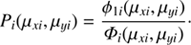 Mathematical equation: $$ P_i{(\mu_{xi},\mu_{yi})}=\frac{\varphi_{1i}{(\mu_{xi},\mu_{yi})}}{{\Phi}_i{(\mu_{xi},\mu_{yi})}}. $$