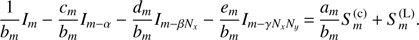 Mathematical equation: $ \frac{1}{{{b}_{m}}}{{I}_{m}}-\frac{{{c}_{m}}}{{{b}_{m}}}{{I}_{m-\alpha }}-\frac{{{d}_{m}}}{{{b}_{m}}}{{I}_{m-\beta {{N}_{x}}}}-\frac{{{e}_{m}}}{{{b}_{m}}}{{I}_{m-\gamma {{N}_{x}}{{N}_{y}}}}=\frac{{{a}_{m}}}{{{b}_{m}}}S_{m}^{(\text{c})}+S_{m}^{(\text{L})}. $