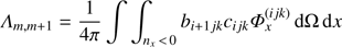 Mathematical equation: $ {\Lambda _{m, m + 1}} = \frac{1}{{4\pi }}\int {\int_{{n_x}{\kern 1pt} < {\kern 1pt} 0} {{b_{i + 1jk}}} } {c_{ijk}}\Phi _x^{(ijk)}{\mkern 1mu} {\rm{d}}\Omega {\mkern 1mu} {\rm{d}}x $
