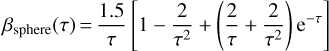 Mathematical equation: $$ \beta_\text{sphere}{(\tau)}=\frac{1.5}\tau{\left[1-\frac2{\tau^2}+{\left(\frac2\tau+\frac2{\tau^2}\right)}\mathrm e^{-\tau}\rights]} $$