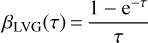 Mathematical equation: $$ \beta_\text{LVG}{(\tau)}=\frac{1-\mathrm e^{-\tau}}\tau $$