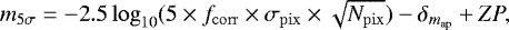 Mathematical equation: \begin{equation*} m_{5\sigma} = -2.5 \log_{10}(5 \times f_{\mathrm{corr}} \times \sigma_{\mathrm{pix}} \times \sqrt{N_{\mathrm{pix}}}) - \delta_{m_{\mathrm{ap}}} + ZP, \end{equation*}