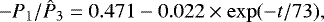 Mathematical equation: \begin{equation*} -{P_1}/{{\hat{P}_3}} = 0.471-0.022\times \exp(-t/73),\end{equation*}