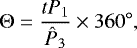 Mathematical equation: \begin{equation*} {\rm{\Theta}} = \frac{t{P_1}}{{{\hat{P}_3}}}\times360^{\circ}, \end{equation*}
